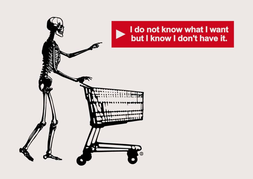 Black Friday Is Dead -- Skeleton pushing a shopping cart