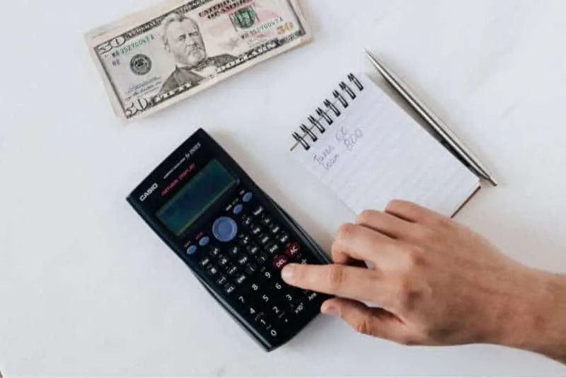 Calculator. Dollar banknotes and small notebook on a white desk.